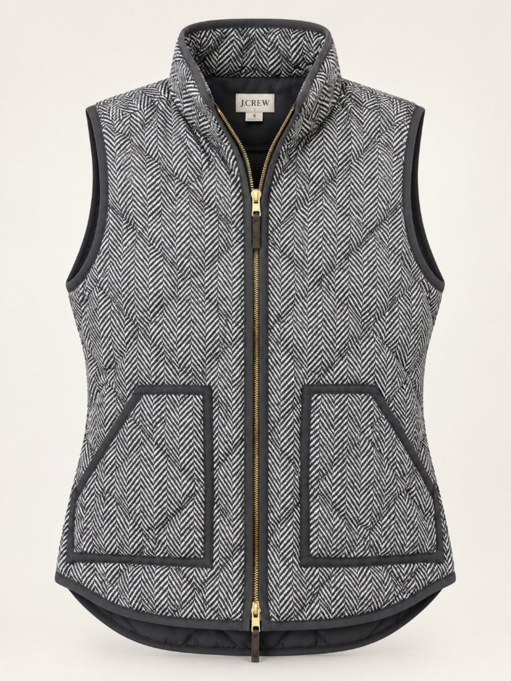 J.Crew Womens Small Puffer Vest Black White Quilted Herringbone Zipper J Crew